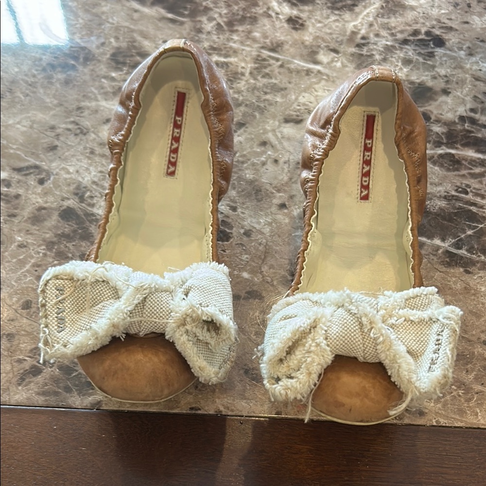 Prada Tan and Cream Flats with Decorative Bow